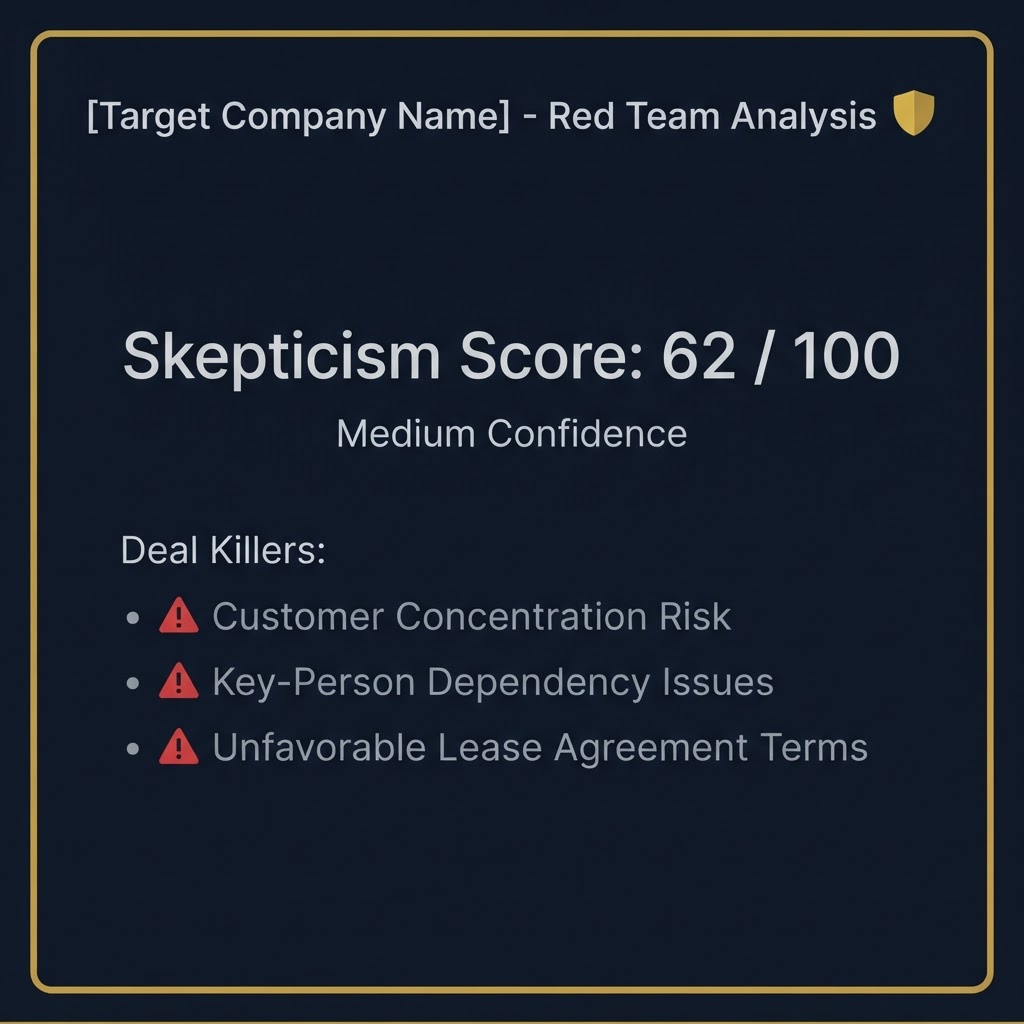 DealForge Red Team report sample showing deal-killers, a skepticism score, and Medium confidence — a contrarian M&A analysis that challenges the seller's thesis