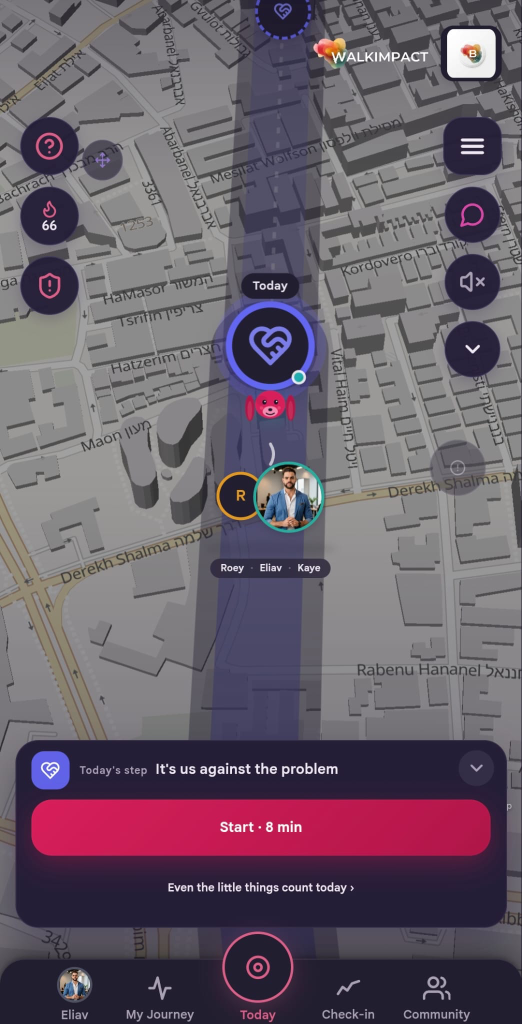 The Today screen, a living map with the step for today