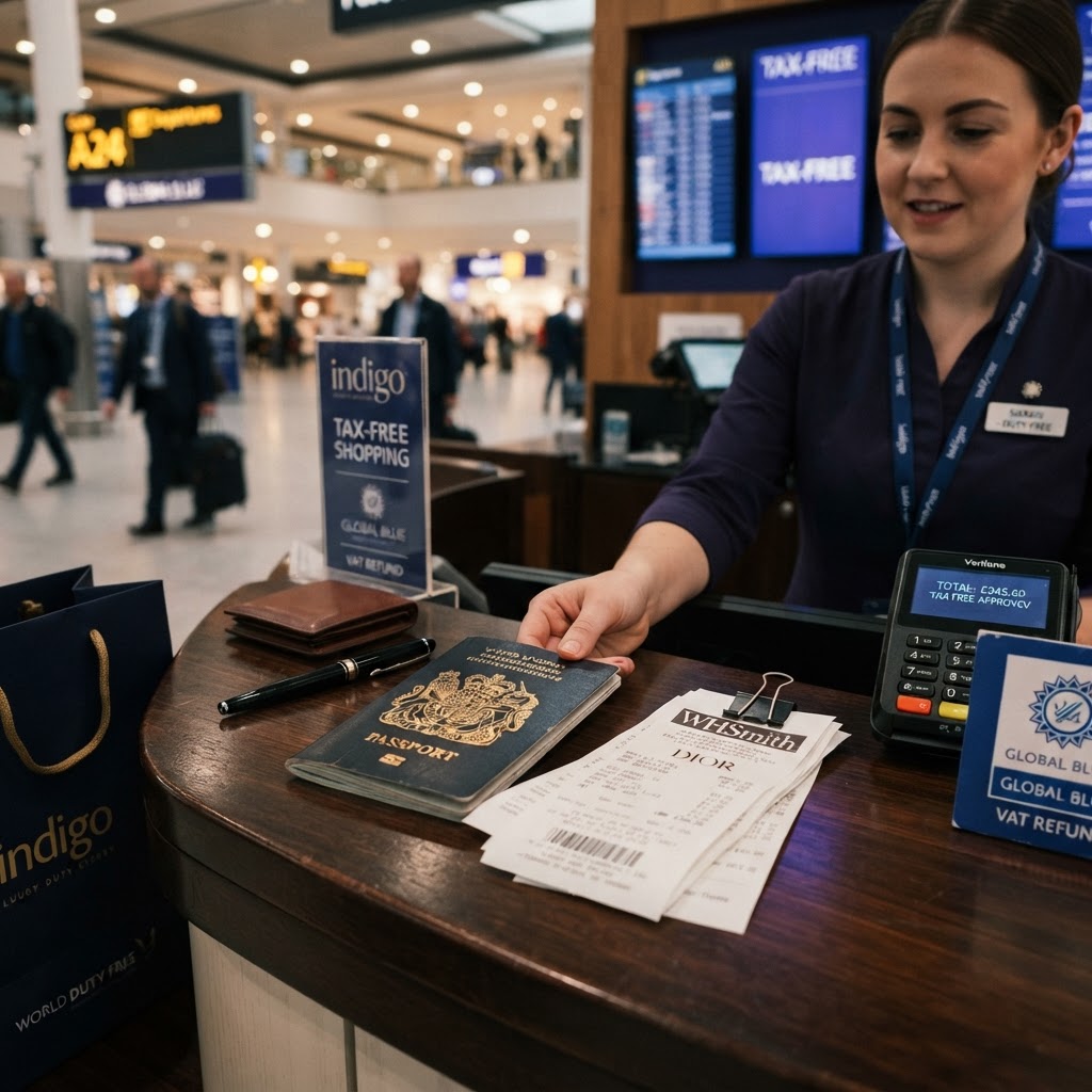 Tax-free shopping refund documents at an airport departure desk