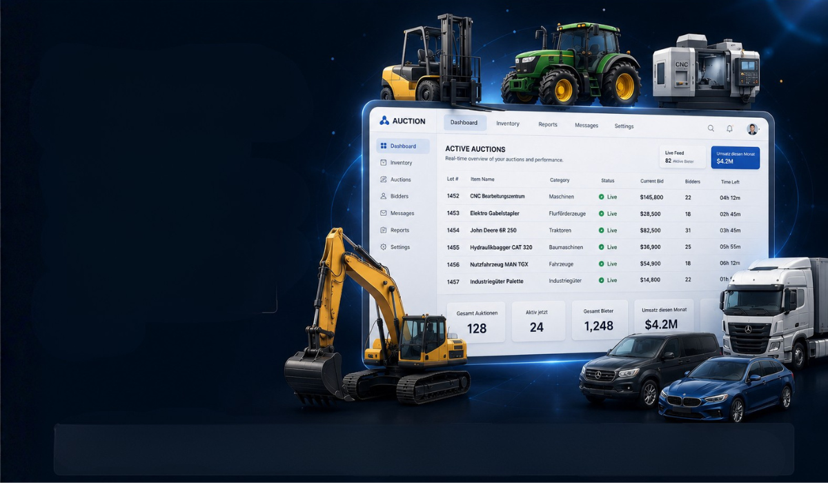 FurtherSales auction platform with asset categories machinery, vehicles and industrial goods