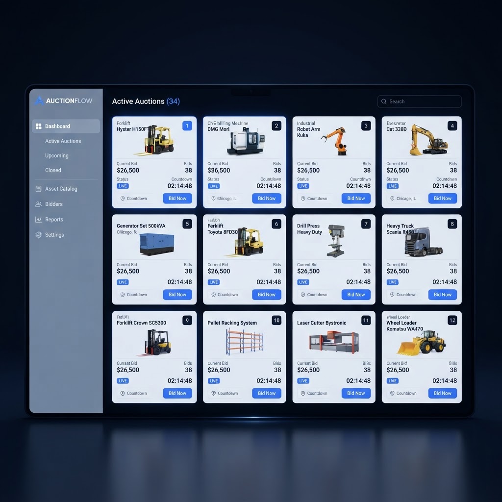 FurtherSales auction management with lots, bids, auction status and remaining times