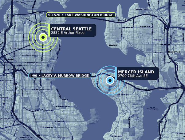 Map of Music Factory locations in Central Seattle and Mercer Island