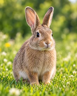 Rabbit sitting on green grass facing forward