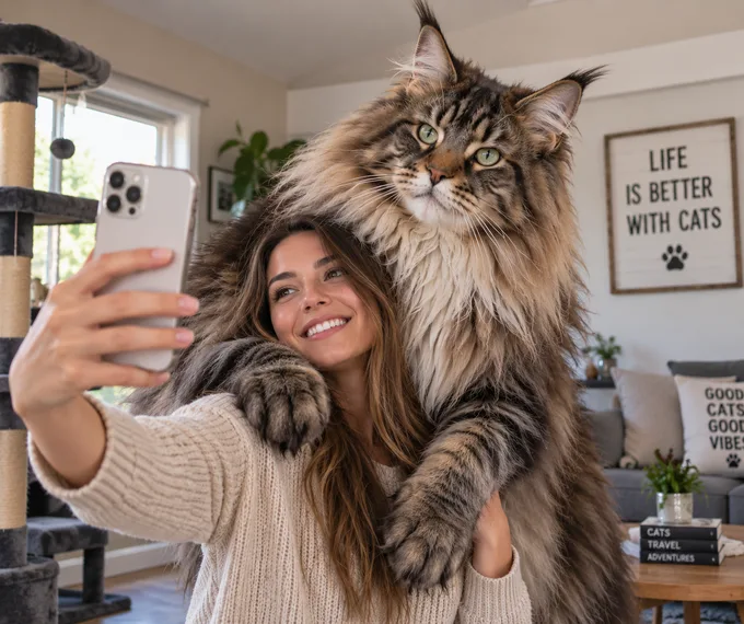 Pet parent taking a selfie with a large Maine Coon cat