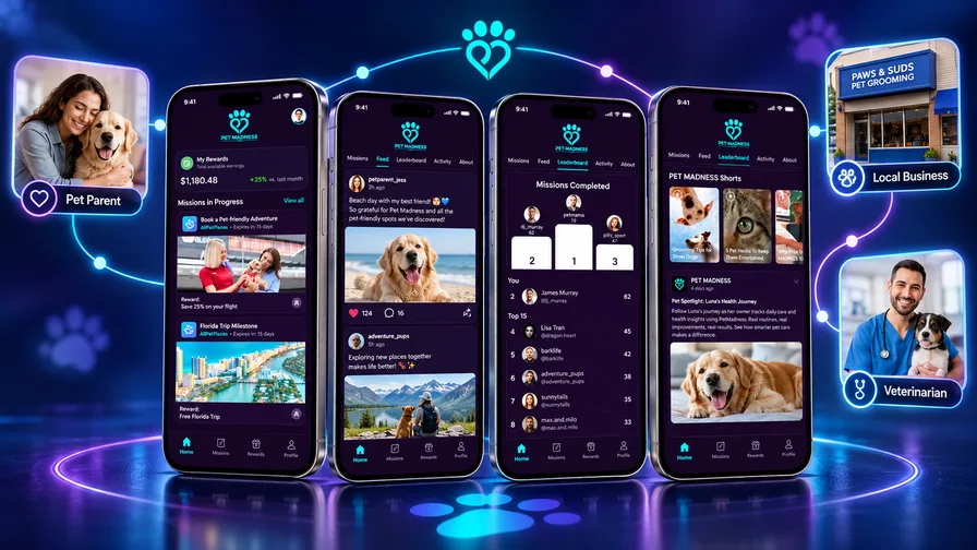 Pet Madness Hub app — rewards, feed, and leaderboard across pet parents, local businesses, and veterinarians