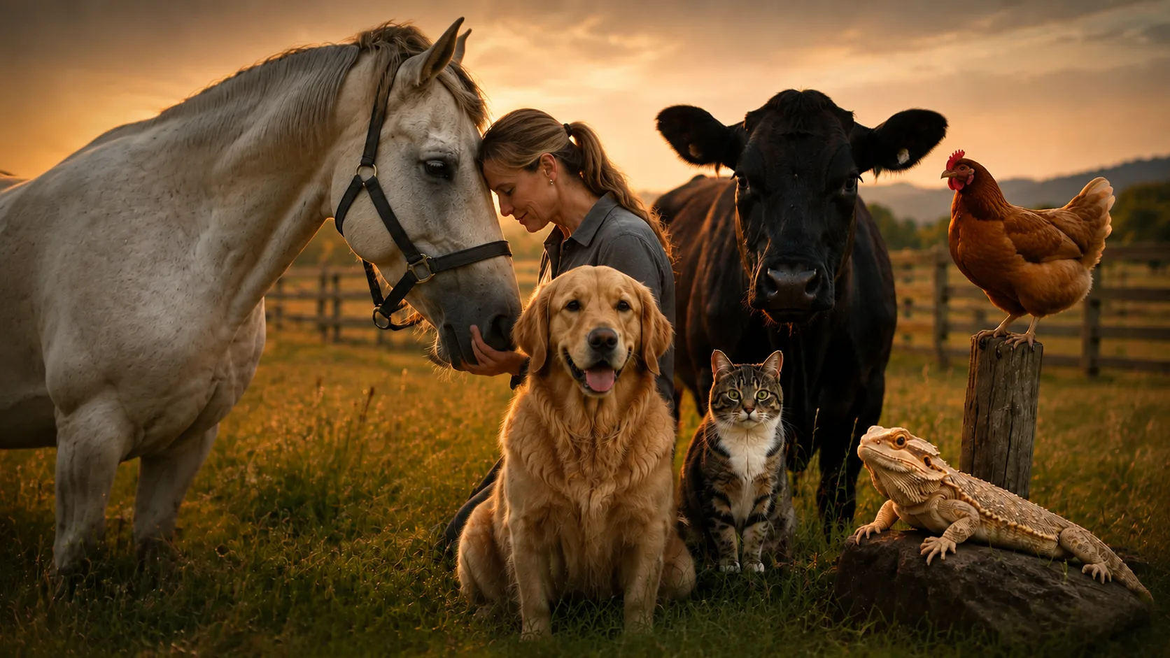 Woman with horse, dog, cow, cat, chicken, and bearded dragon at sunset