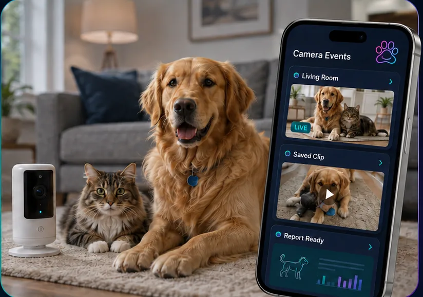 Golden retriever and cat resting beside a compatible camera, with the PetVetAI app showing camera events