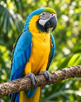 Blue and yellow macaw parrot perched on a branch