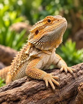 Bearded dragon perched on a textured branch
