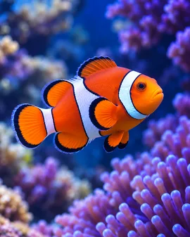 Clownfish swimming near purple coral reef