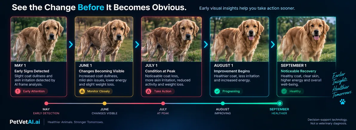Timeline of a dog's health progression across five monthly observations, from early signs through recovery