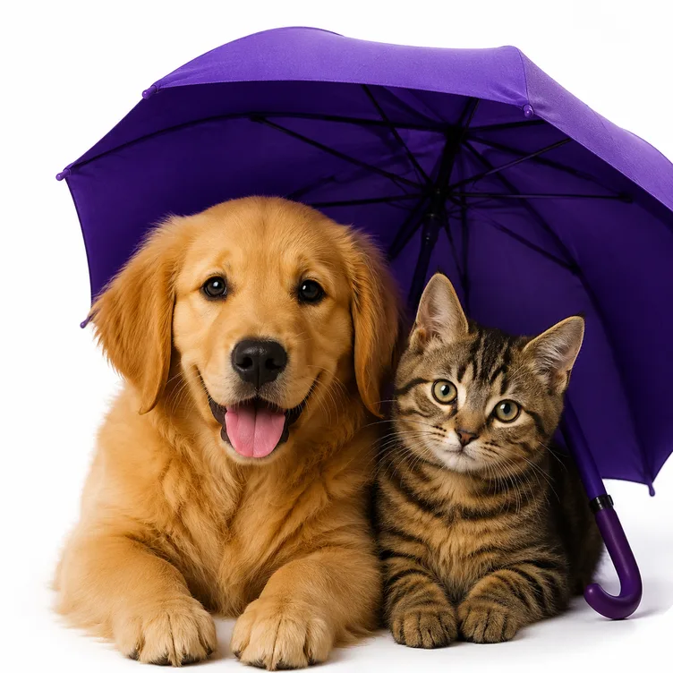 Dog and cat sitting beneath a purple umbrella