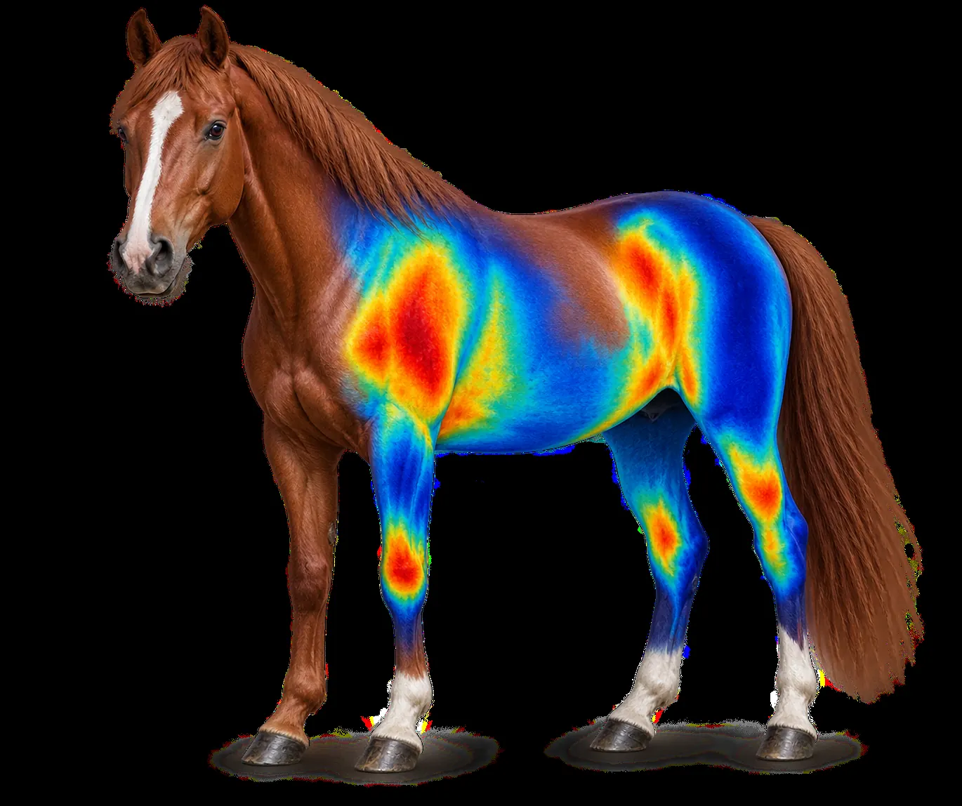 Horse with thermal heat-map overlay showing temperature variations across its body