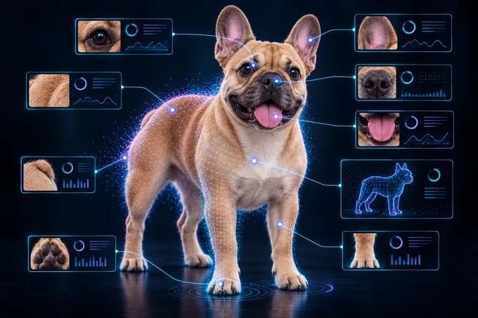 PetVetAI AI-assisted visible wellness review of a French Bulldog.