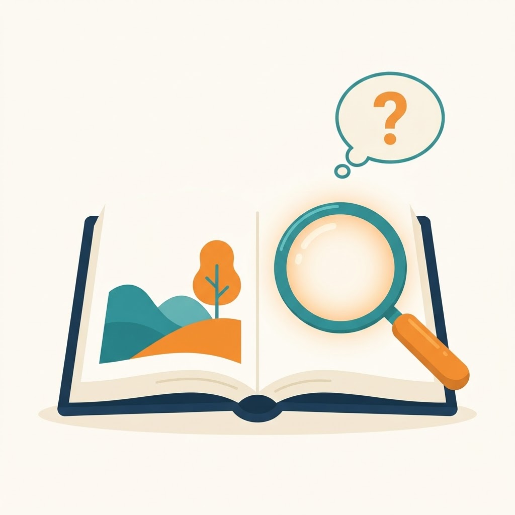 An open storybook with a magnifying glass and a floating question mark