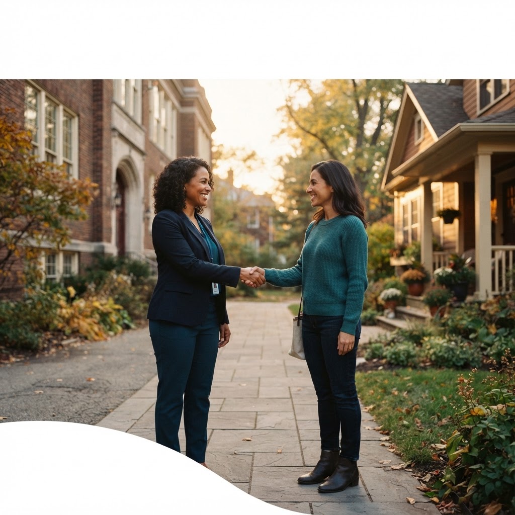 A teacher from the school and a parent from home shaking hands, symbolizing the home and school connection