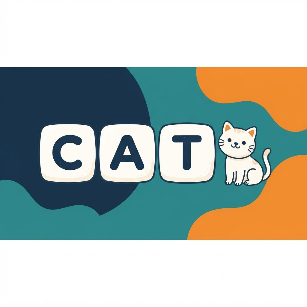 Colorful letter tiles spelling cat beside a friendly cartoon cat