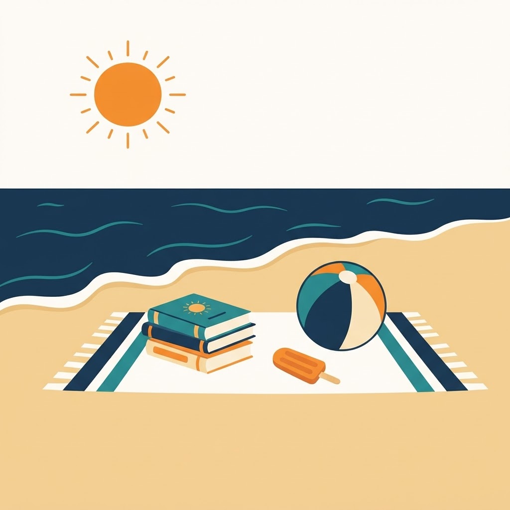 Storybooks, a beach ball, and a popsicle on a beach towel in the sun