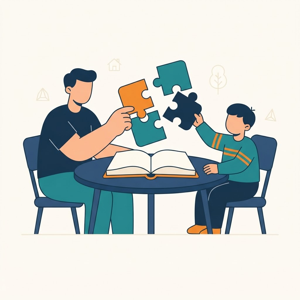 A parent and child connecting colorful puzzle pieces above an open book
