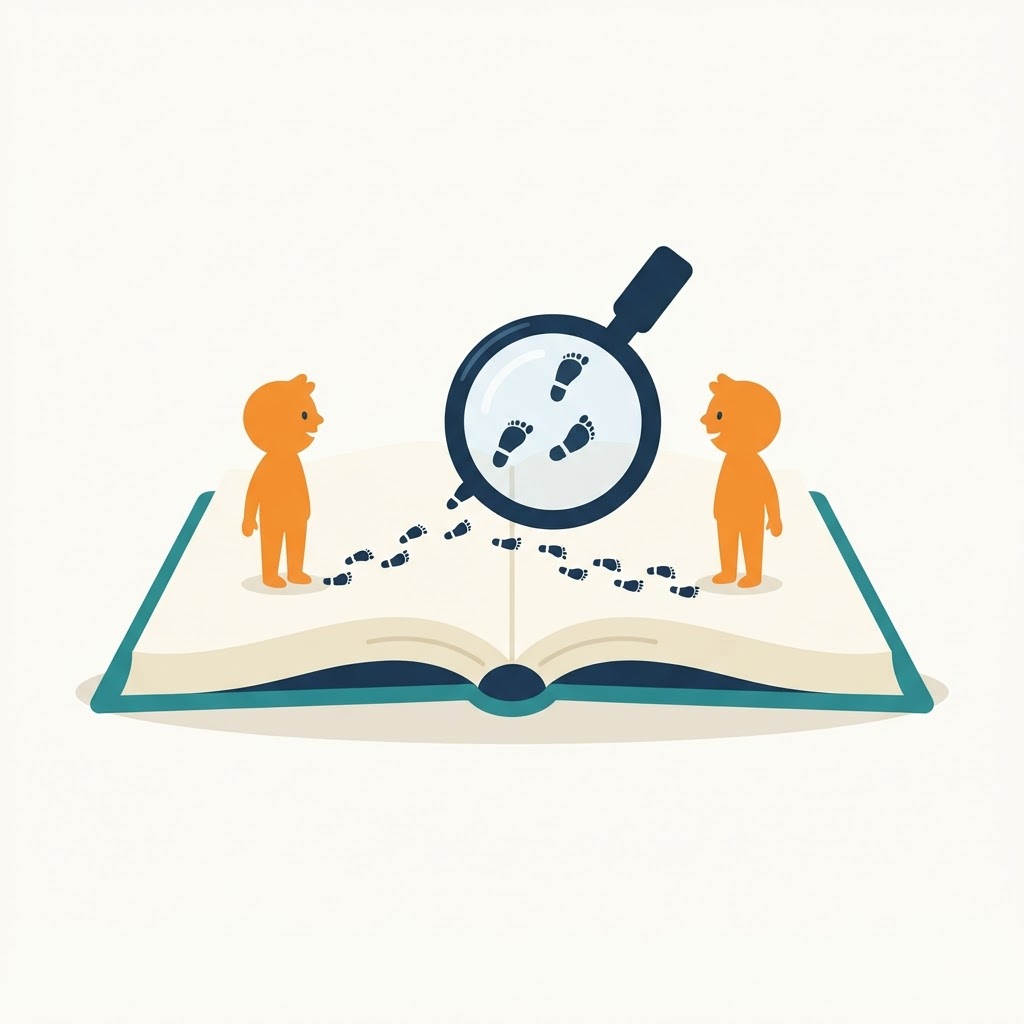 Character silhouettes on an open book examined with a magnifying glass