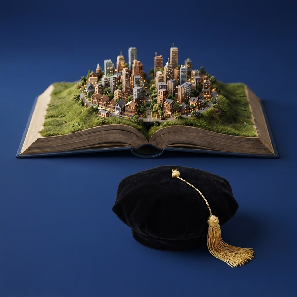 An open book with a cityscape growing from its pages, with a graduation cap resting in front
