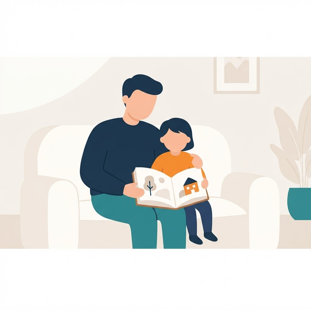 A parent and child reading a picture book together on a cozy couch