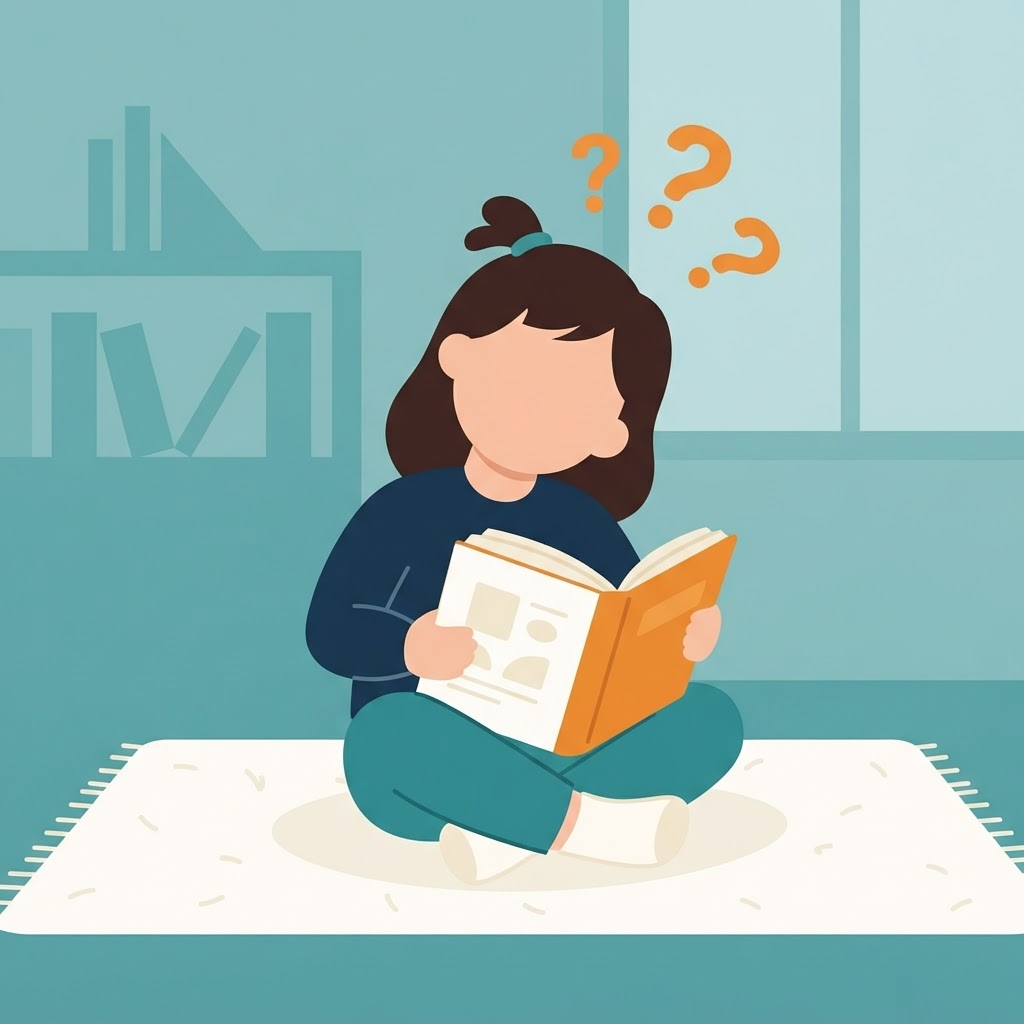 A puzzled child reading a book with question marks floating above
