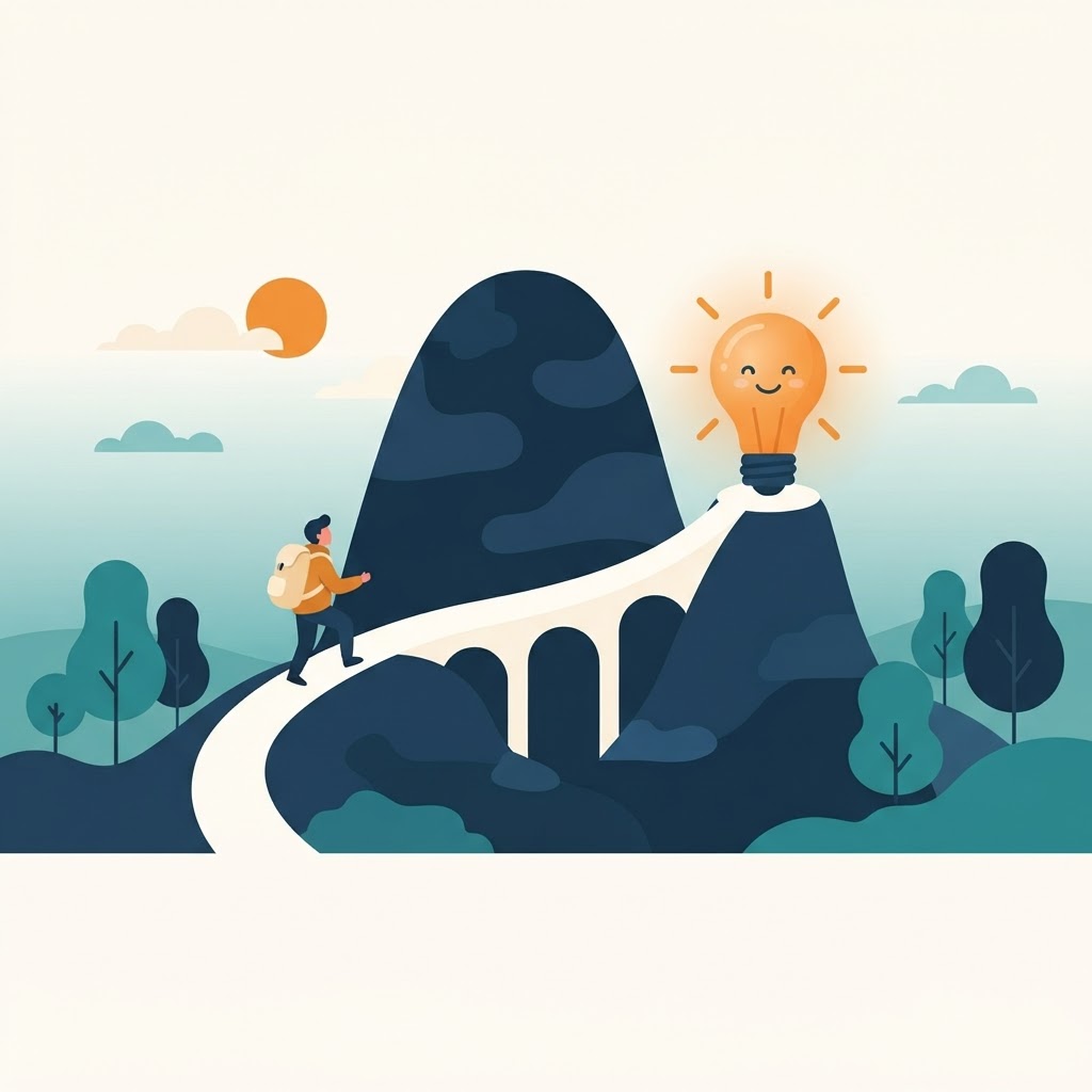 A mountain, a bridge path, and a glowing lightbulb in a storybook scene