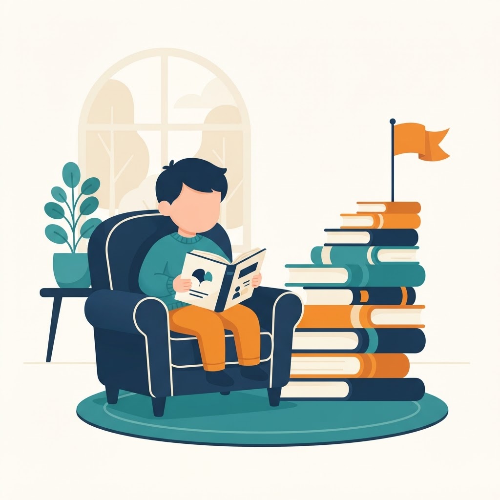 A child reading in an armchair beside a stack of books like stairs