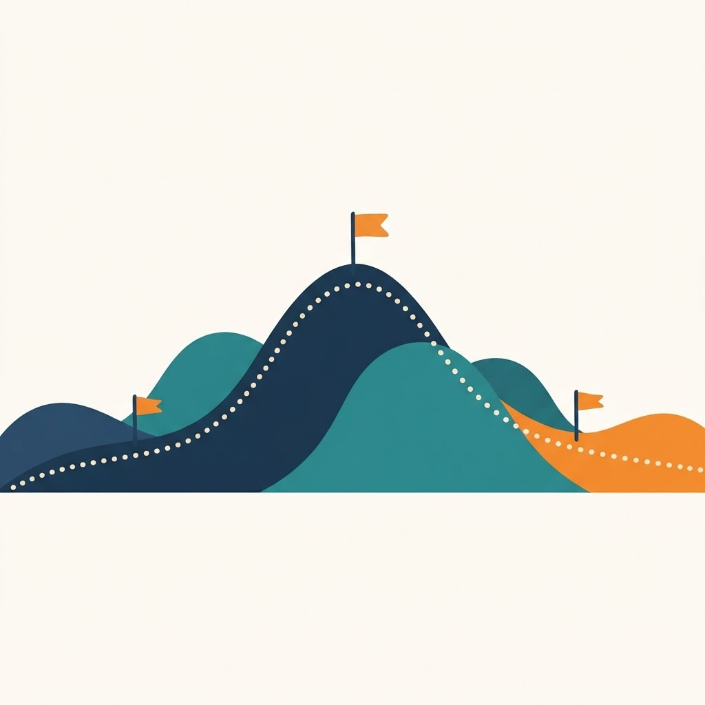 A winding trail rising and falling over hills with flag markers