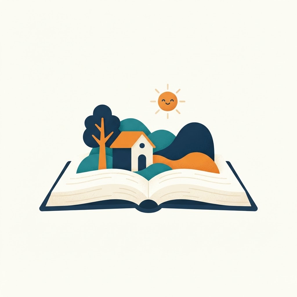 A pop-up landscape of a house, tree, and hills rising out of an open book