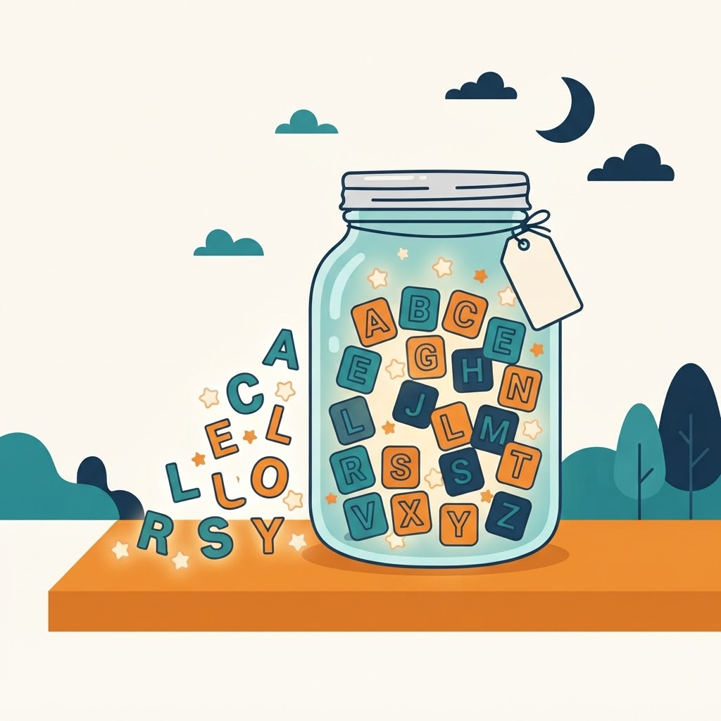A glass jar filled with glowing letter tiles like collected treasure
