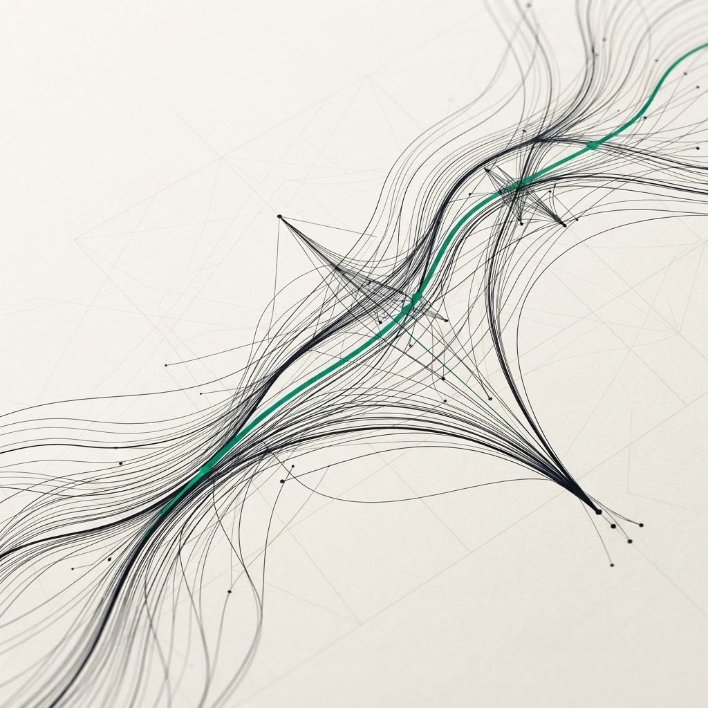 Abstract data and AI leadership visualisation with flowing data streams and neural network nodes