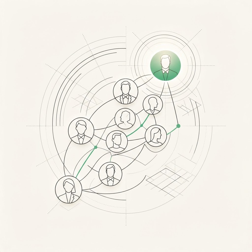 Abstract editorial illustration of executive leadership constellation with interconnected C-suite nodes and market mapping rings