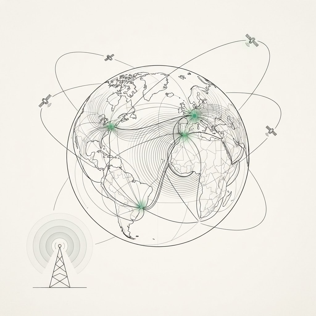 Abstract connectivity and telecommunications visualisation with network nodes, fiber routes and satellite orbital paths