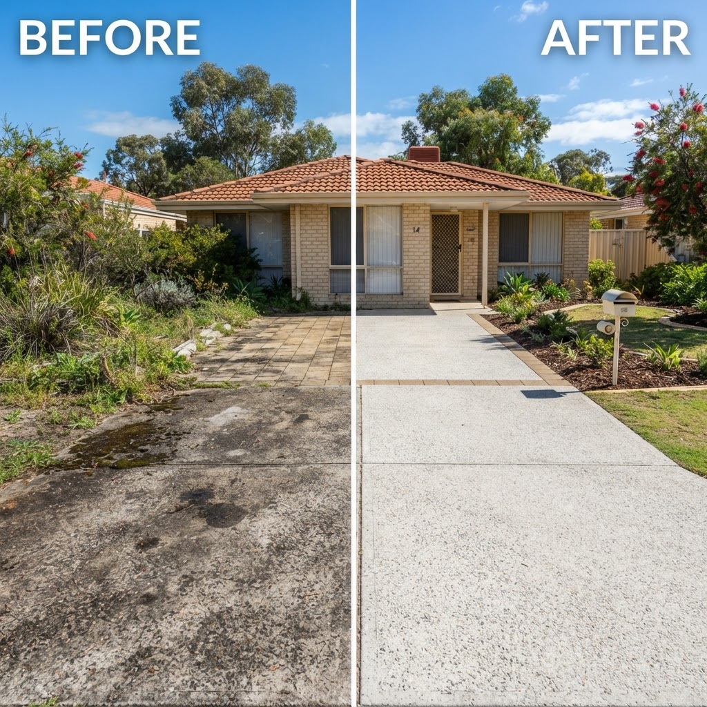 Before and after pressure cleaning a Perth driveway — grime removed from concrete and pavers
