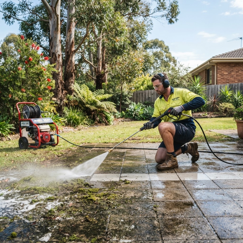 Pressure cleaning a paved patio in Perth