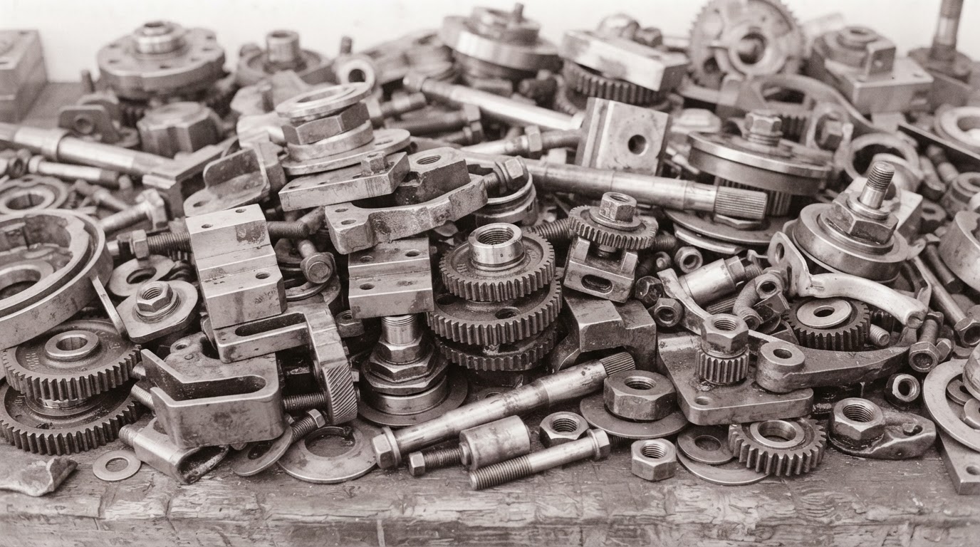 Machined parts on a workbench
