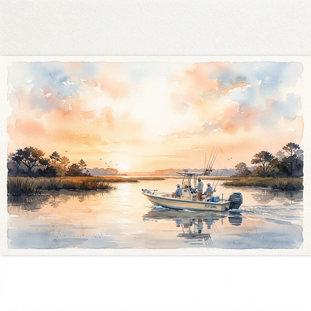 Fishing charter boat at sunrise