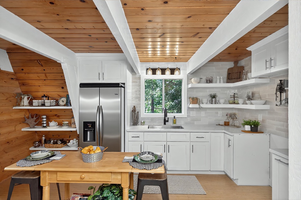 Master bedroom with wood ceiling and neutral decor