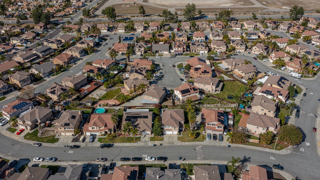 Aerial view of suburban neighborhood