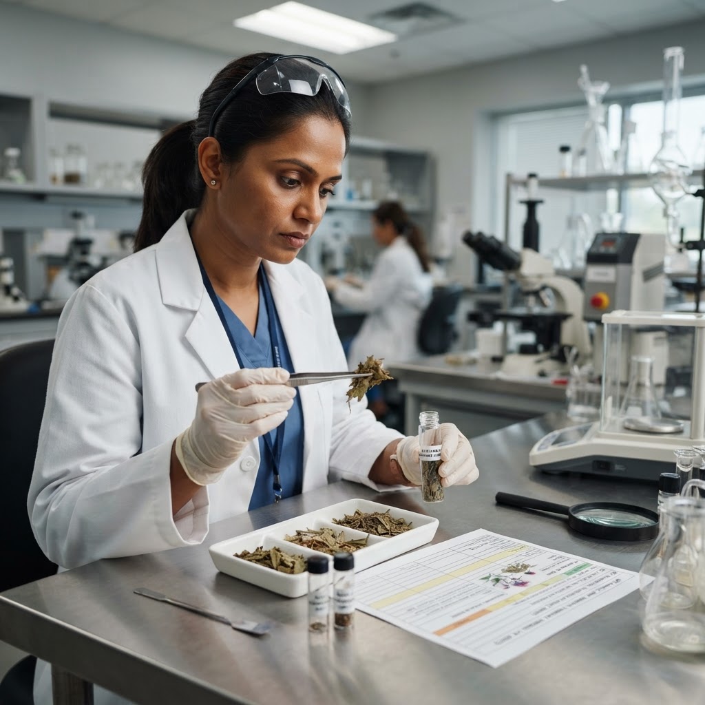 Indian QC scientist examining botanical raw material