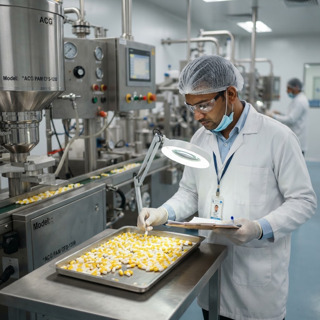 Indian QC technician inspecting capsules