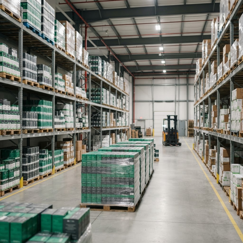 Distribution warehouse with product cartons