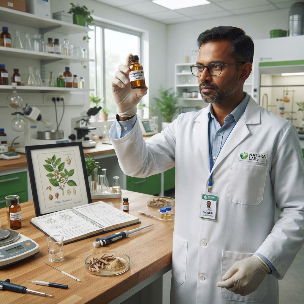 Indian scientist inspecting herbal extract