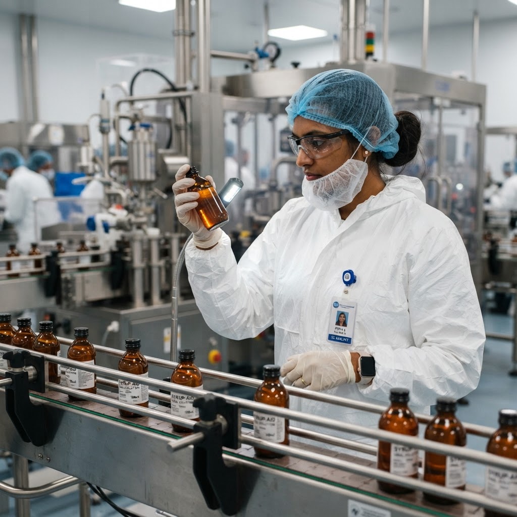 Indian QC analyst inspecting syrup