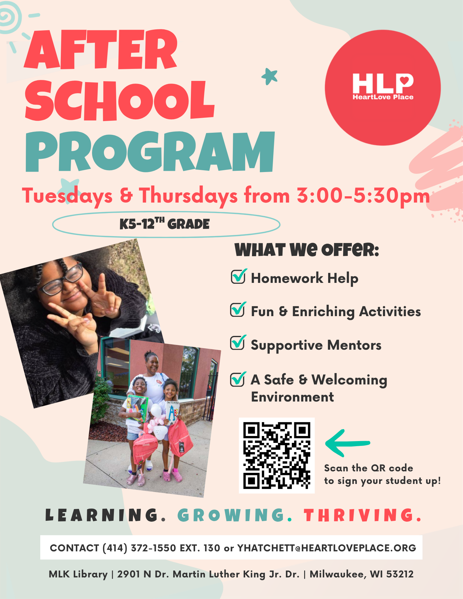 After-School Program flyer — Tuesdays & Thursdays 3:00 PM – 5:30 PM, K5-12th grade, homework help, fun activities, supportive mentorship, safe environment, scan to sign up