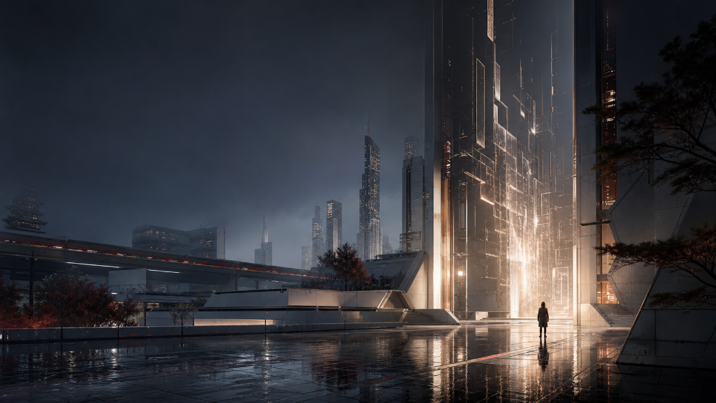 Code Haven — a lone figure stands before a luminous digital threshold in a rain-soaked futuristic cityscape