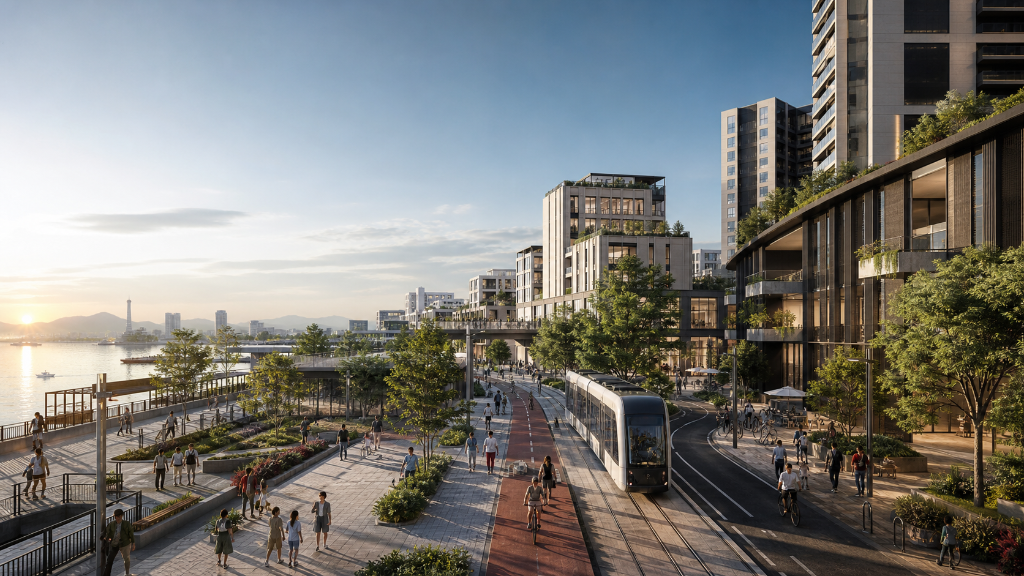 Concept visualization of a physical waterfront smart-city district — pedestrians, a tram, tree-lined promenades, and mixed-use buildings at golden hour — Project New Tokyo