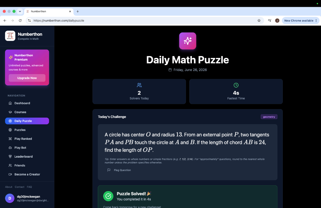 Daily math puzzle on Numberthon